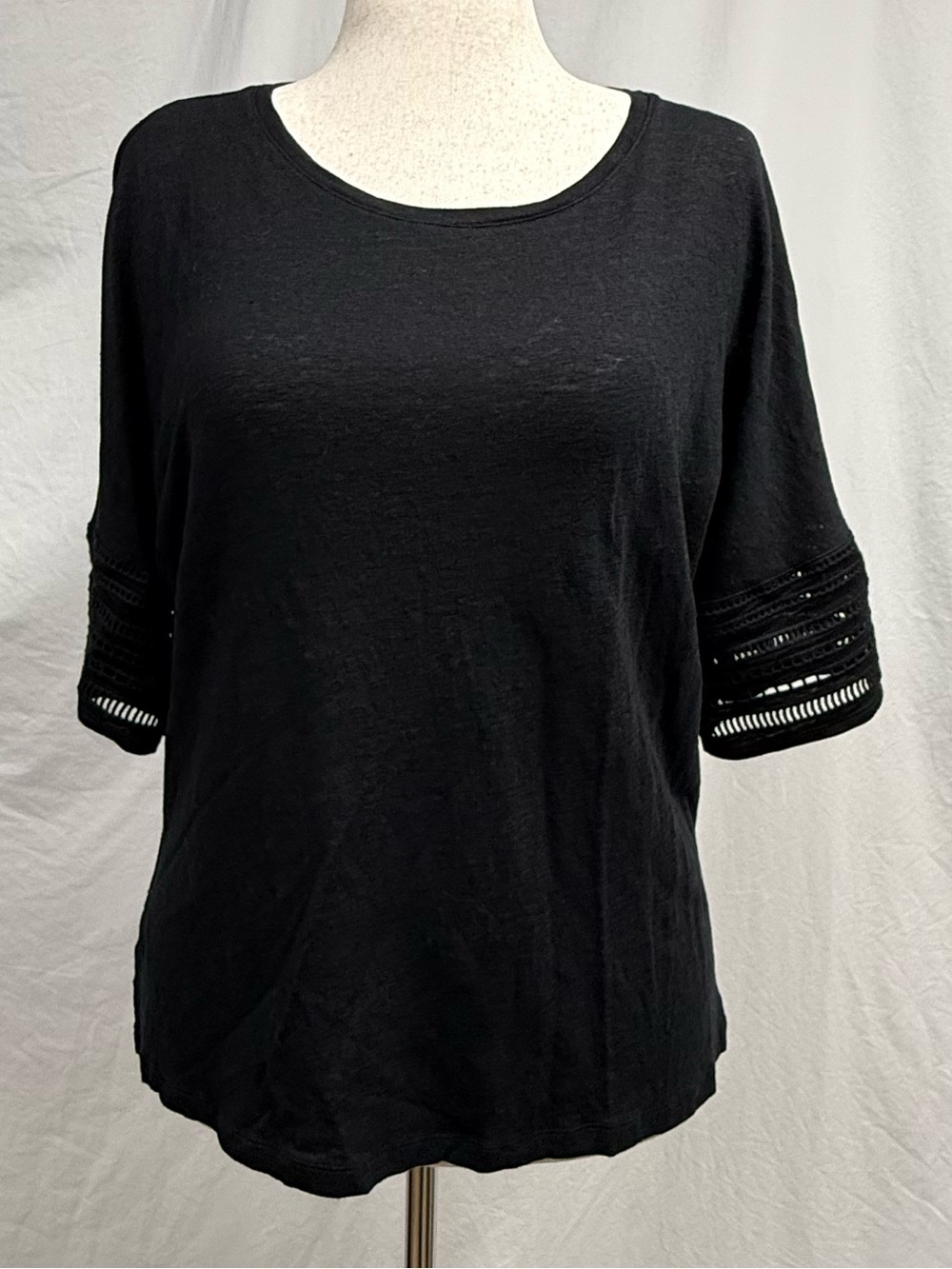 Women's Black Short Sleeve Knit Top with Crochet Trim on Kimono Sleeve